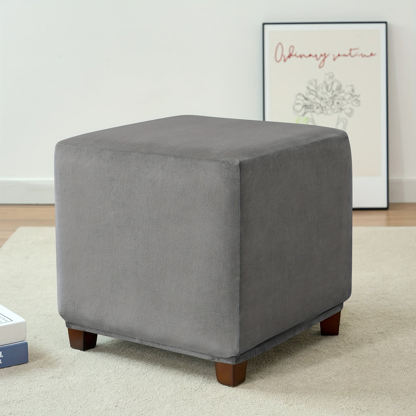 Velvet square ottoman cover for storage stool, with elastic and all-inclusive design.