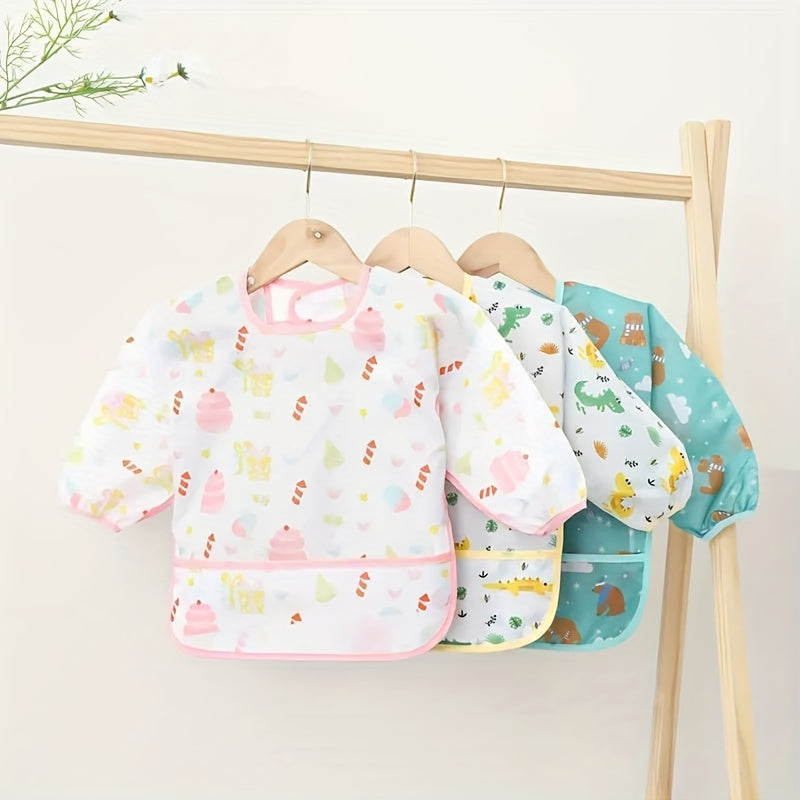 New collection of children's mealtime clothing featuring anti-stain, waterproof, and cartoon printed designs for boys and girls.