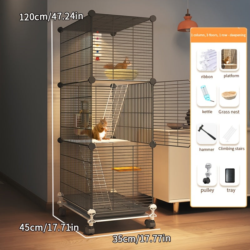 Deluxe squirrel cage with spacious villa design for small pets. Includes various accessories for easy cleaning.