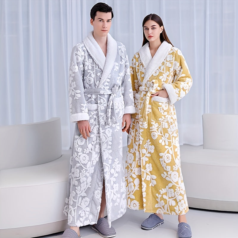 1pc Unisex Thickened Long Bathrobe with Flower Pattern, Ideal for Couples. Ideal for Home and Bathroom use.