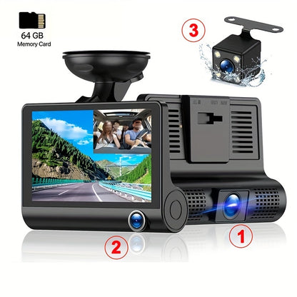 4-Inch Large Screen HD DVR Car Recorder with Front, Rear, and Interior Cameras, 1080P Full HD Video, 64GB Memory Card Included, Cigarette Lighter Powered, Fit for Cars