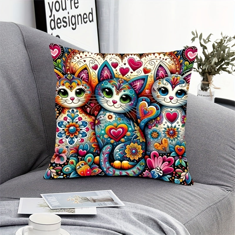 Bohemian style cat & floral print pillow case, 44.96cm x 44.96cm, with zip closure. Vibrant home decor accent, machine washable. Ideal for living room and bedroom.