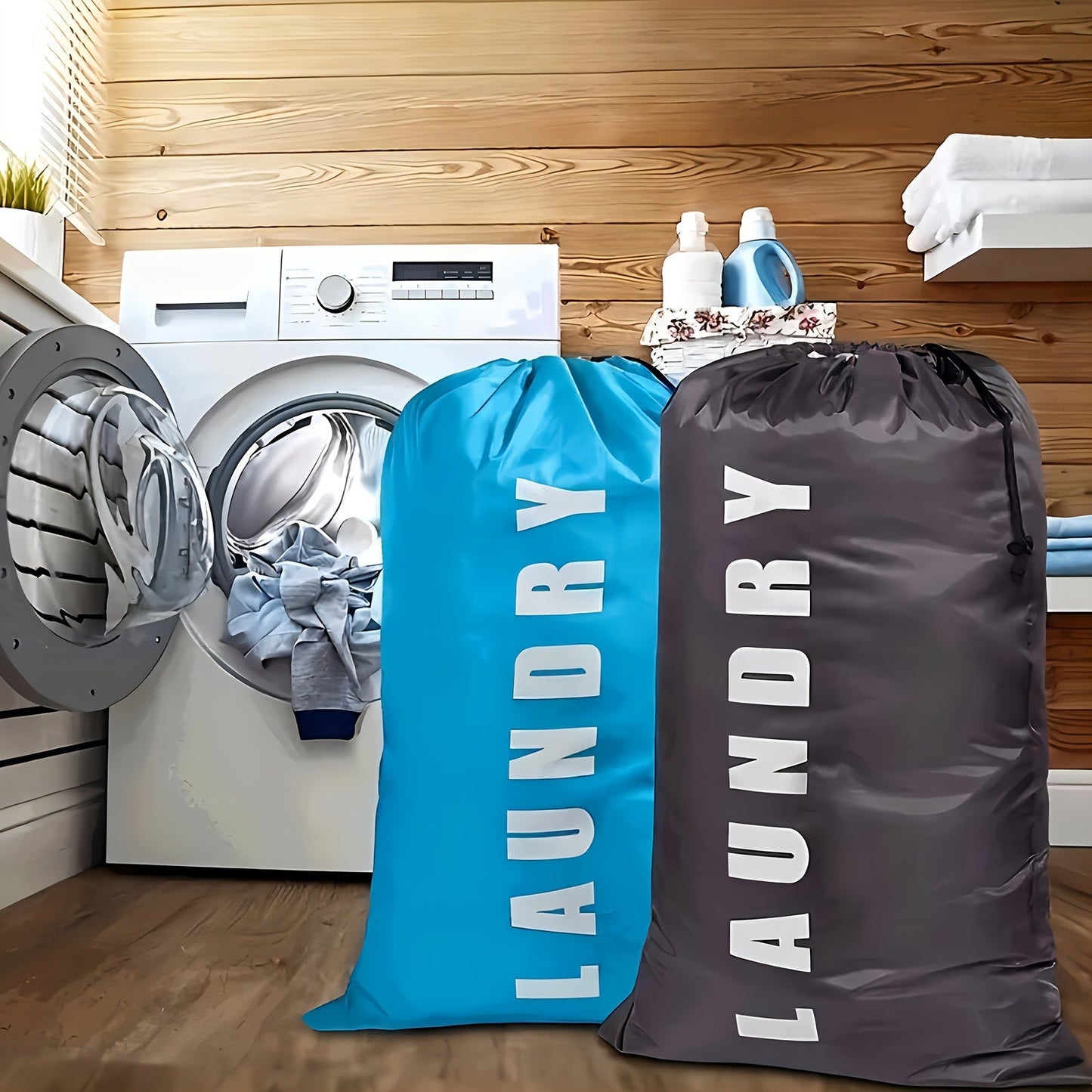 Large Waterproof Drawstring Laundry Bag that can hold 1 piece of clothing, Foldable Design for easy storage, Durable and Tear-resistant material, Dustproof Clothes Storage Bag, Washing machine-safe, Ideal for Dormitories and Home Storage Needs.