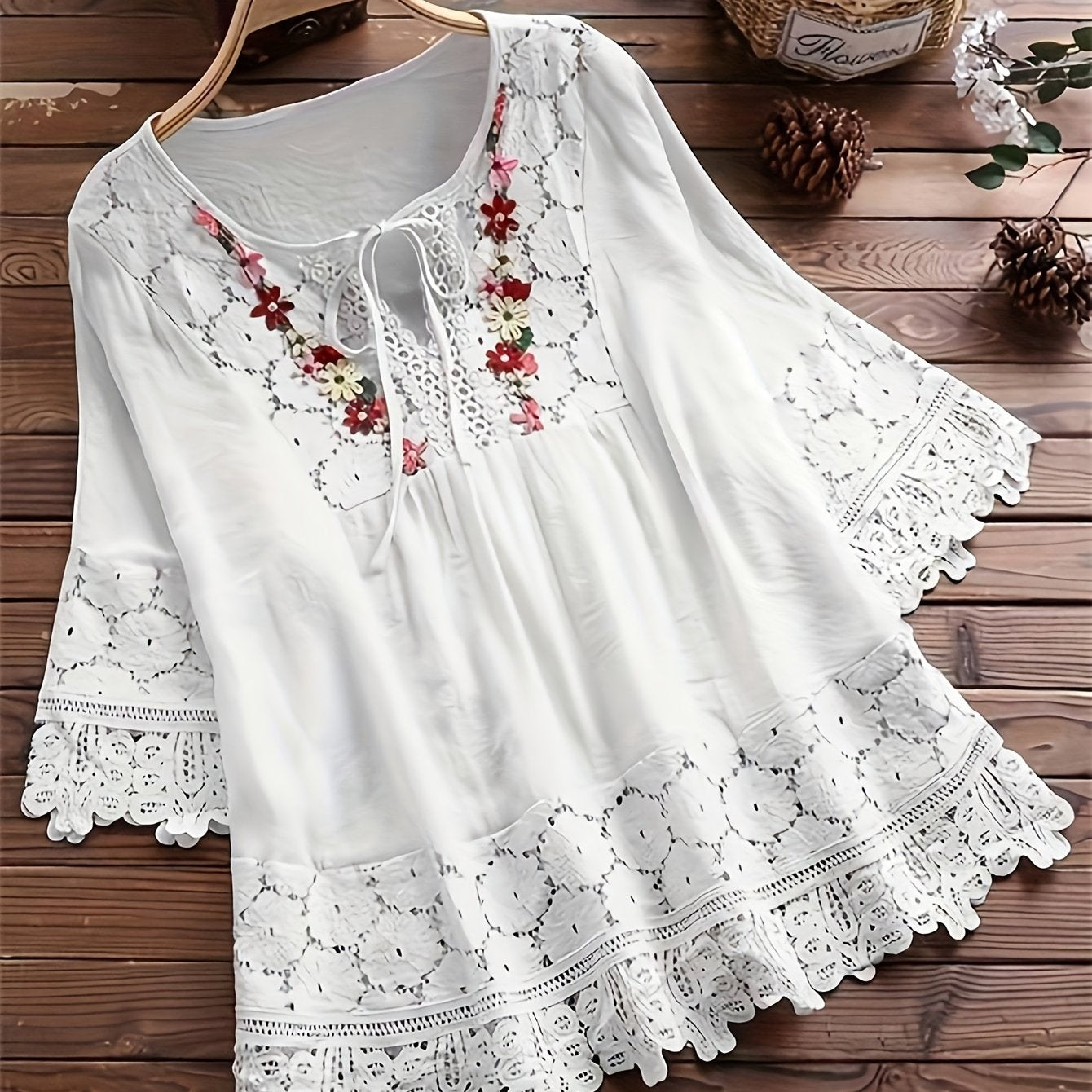 Women's long sleeve shirt with embroidered lace trim, crew neck, made of 90g/m² woven fabric, perfect for spring/fall.