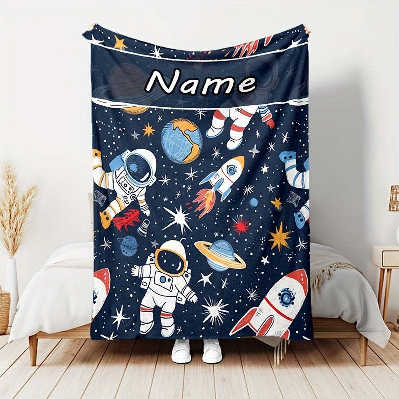 Customize your space-themed decor with a personalized Astronaut Rocket Blanket! Made of luxurious flannel velvet, this blanket is perfect for keeping warm during autumn and winter. Use it as a napping blanket or to add a cozy touch to your sofa. It also