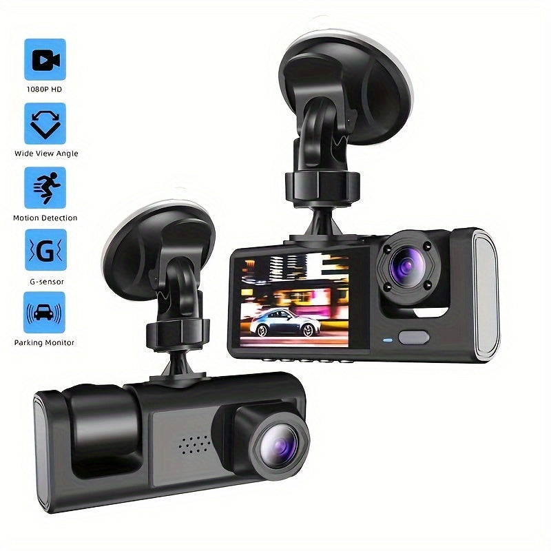 1 set of 3-channel front and rear car camera with 1080P resolution, IR night vision, cycle recording, 5.08 cm IPS screen, and wide-angle lenses for simultaneous recording of a black box.