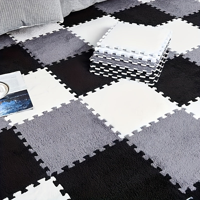 Set of 12 Hand Washable Plush Interlocking Area Rug Tiles - Water-resistant, Lightweight Polyester Mats in a Solid Color Design, Perfect for Office, Bedroom, or Living Room, Each Tile Measures 29.97x29.97 cm