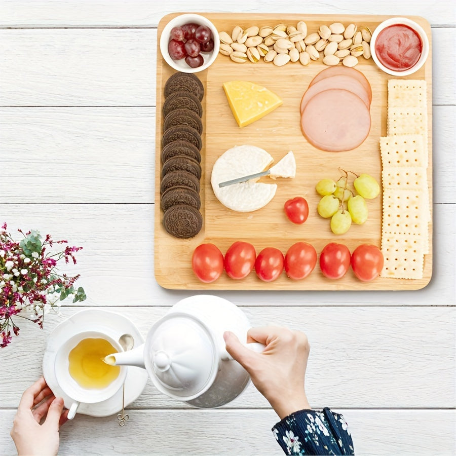 Bamboo cutting board set with nine pieces for versatile use - ideal for slicing fruits, use while camping, or as a thoughtful housewarming or Christmas gift.