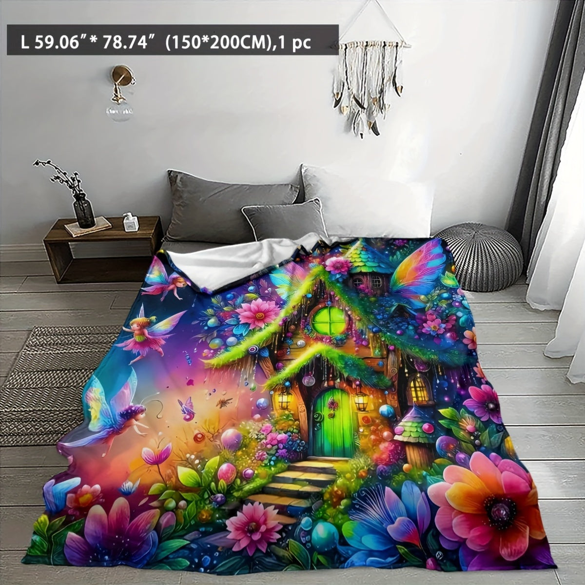 Contemporary Geometric Fantasy Fairy House Digital Print Blanket - Suitable for All Seasons, Made of 100% Polyester, Lightweight 200-250g, 65" x 65" (165cm x 165cm)