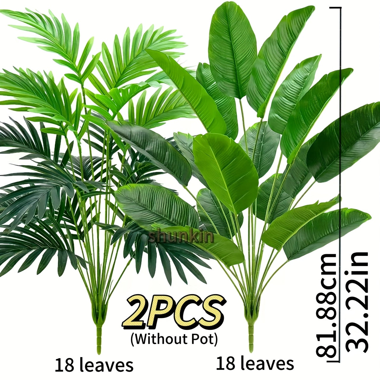 Two premium artificial palm plants, 81.84cm tall with 36 large leaves. UV resistant for home and office decor, indoor/outdoor use. Ideal for weddings and holidays. High-end quality