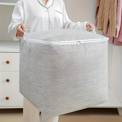 Extra-large durable non-woven fabric storage bin with lid, handles, herringbone pattern, zipper closure, ideal for organizing clothes, quilts, toys in home, bedroom, dorm.