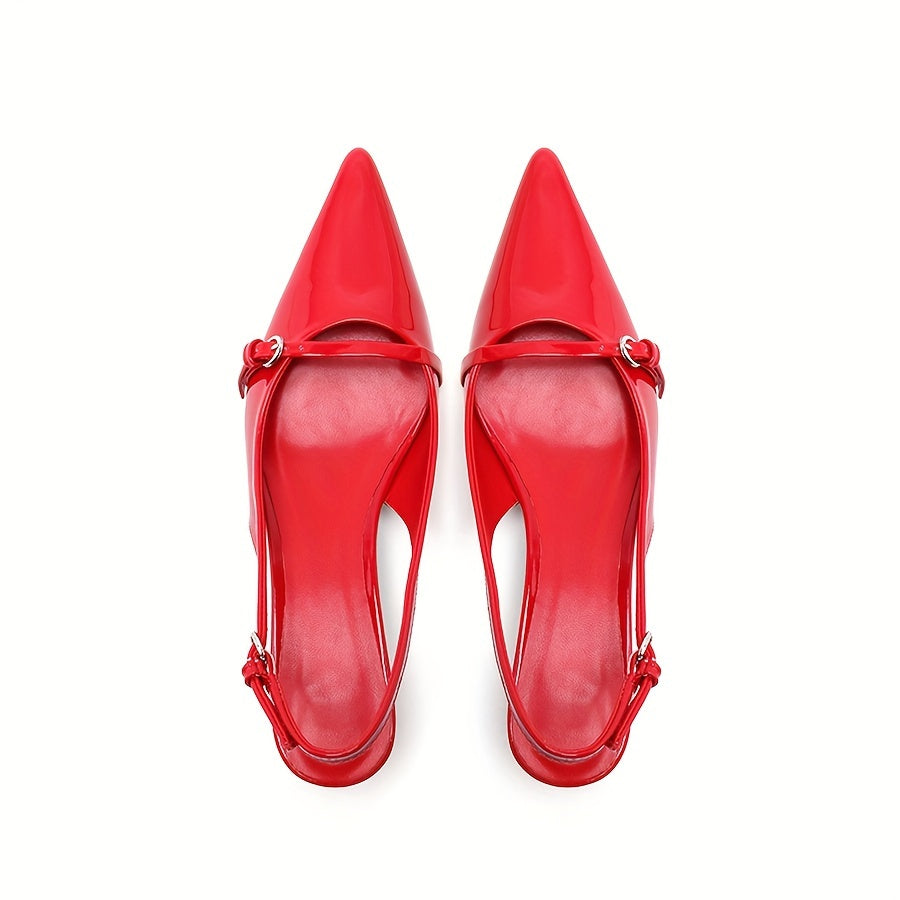 Red pointed-toe stiletto sandals with ankle strap and sleek slingback design for all-day comfort and style.