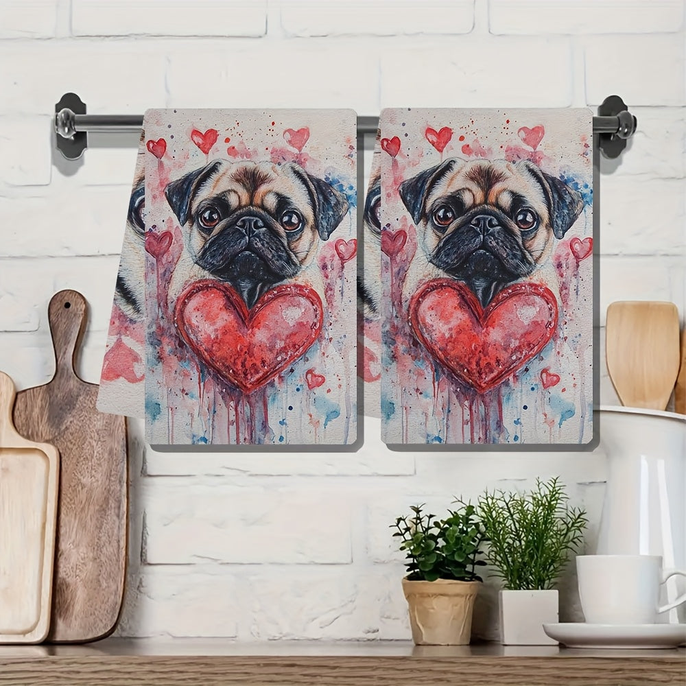 Set of 2 Ultra Plush Kitchen Towels - Adorable Valentine's Day Pug and Heart Pattern, Super Absorbent & Easy to Clean Dish Hand Towels, 16x24 inches, Ideal for Festive Home Decor and Drying Dishes