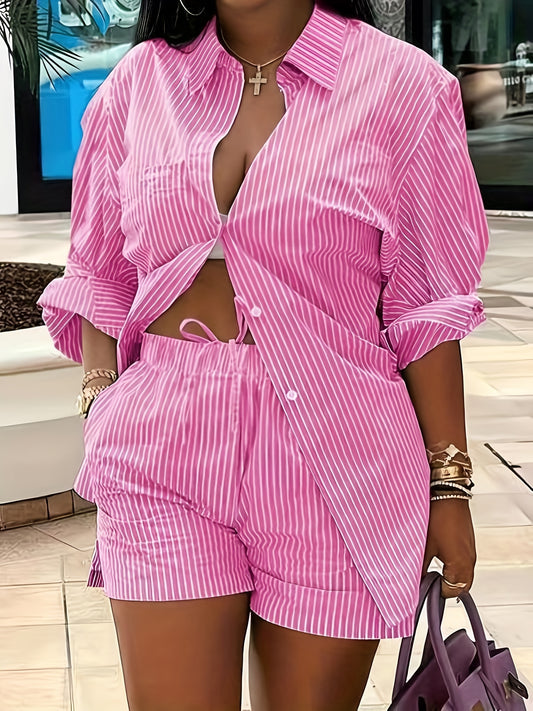 Pink striped two-piece set featuring a long-sleeve button-up shirt with bandage pocket and elastic waist shorts. Made from non-stretch polyester and machine washable. Ideal for casual