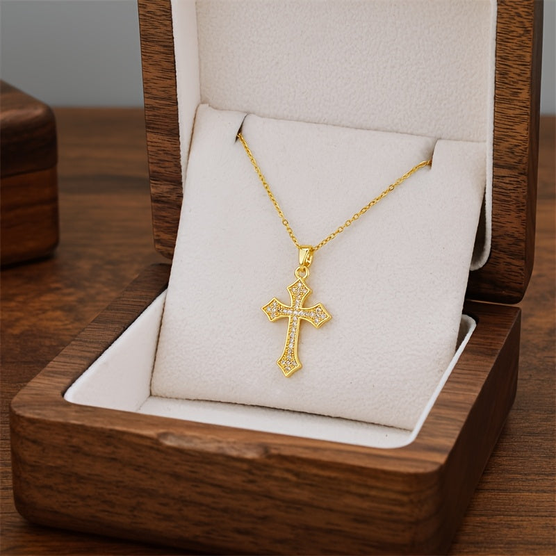 Stylish 18K Gold Plated Titanium Steel Cross Pendant Necklace adorned with Rhinestones, Adjustable Clavicle Chain perfect for Everyday Wear, Gender-Neutral Jewelry option