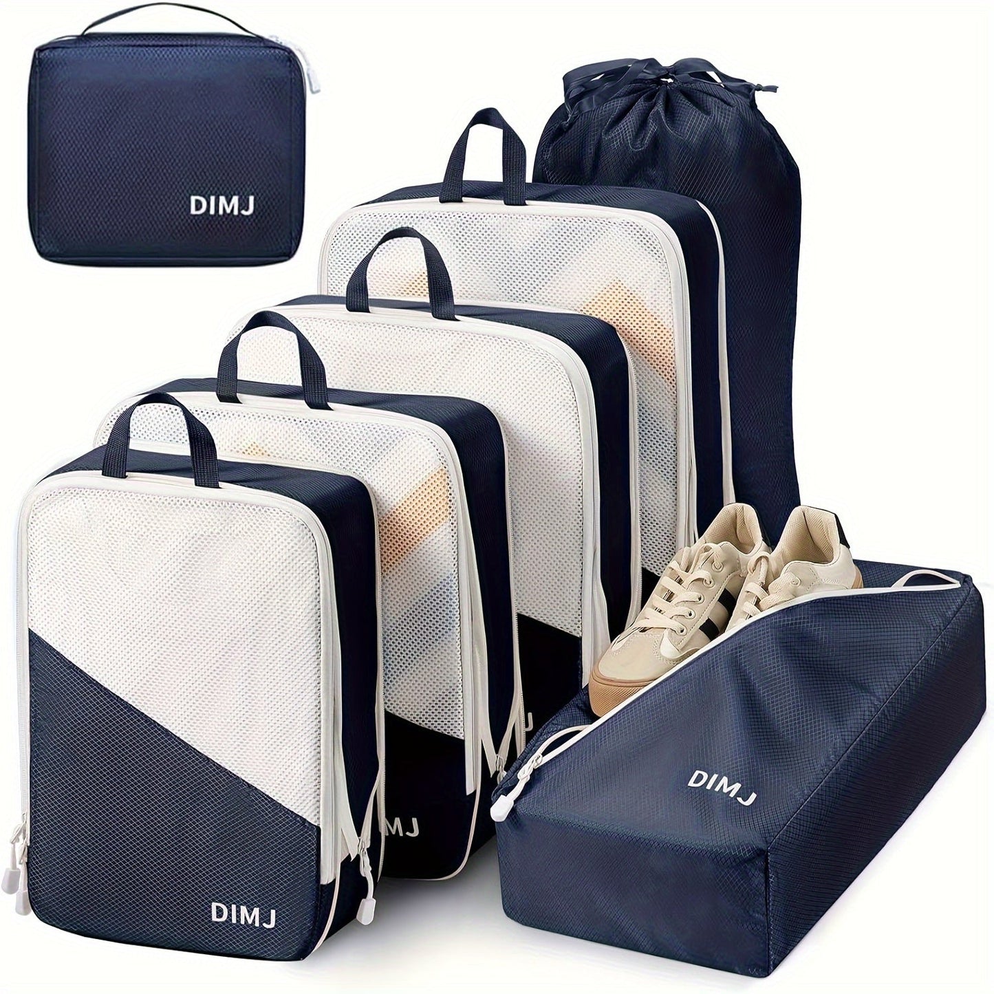 Set of 7 Compression Packing Cubes designed for travel, made from lightweight materials to fit easily into suitcase. Features sturdy handle for convenience, includes cubes for shoes, laundry, and underwear. Essential travel organization tools.