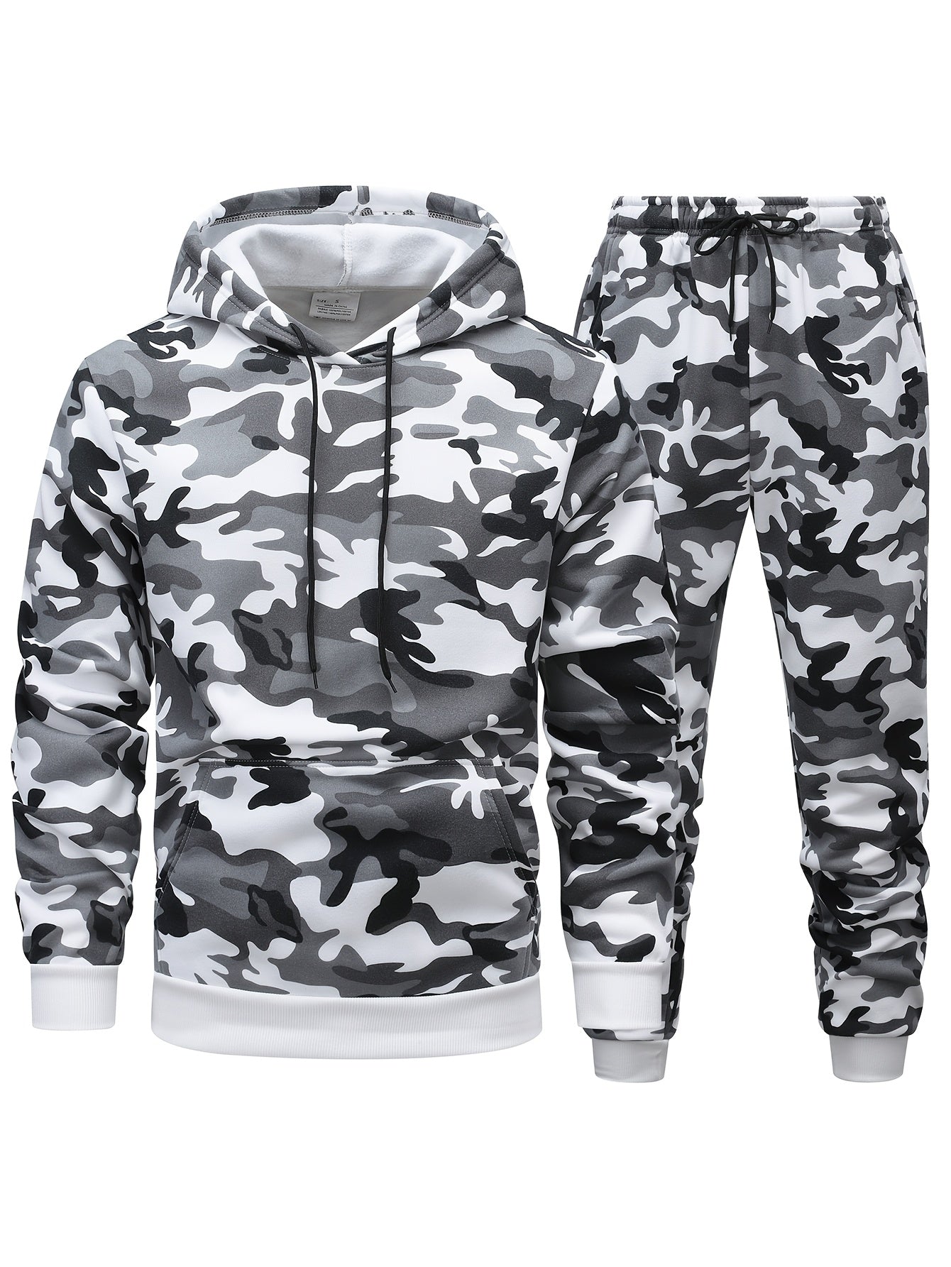 Men's camo hooded sweatshirt and pants set for outdoor activities in fall/winter. 100% polyester with drawstring pullovers and 3D printing. Suitable for hiking, camping, hunting, running