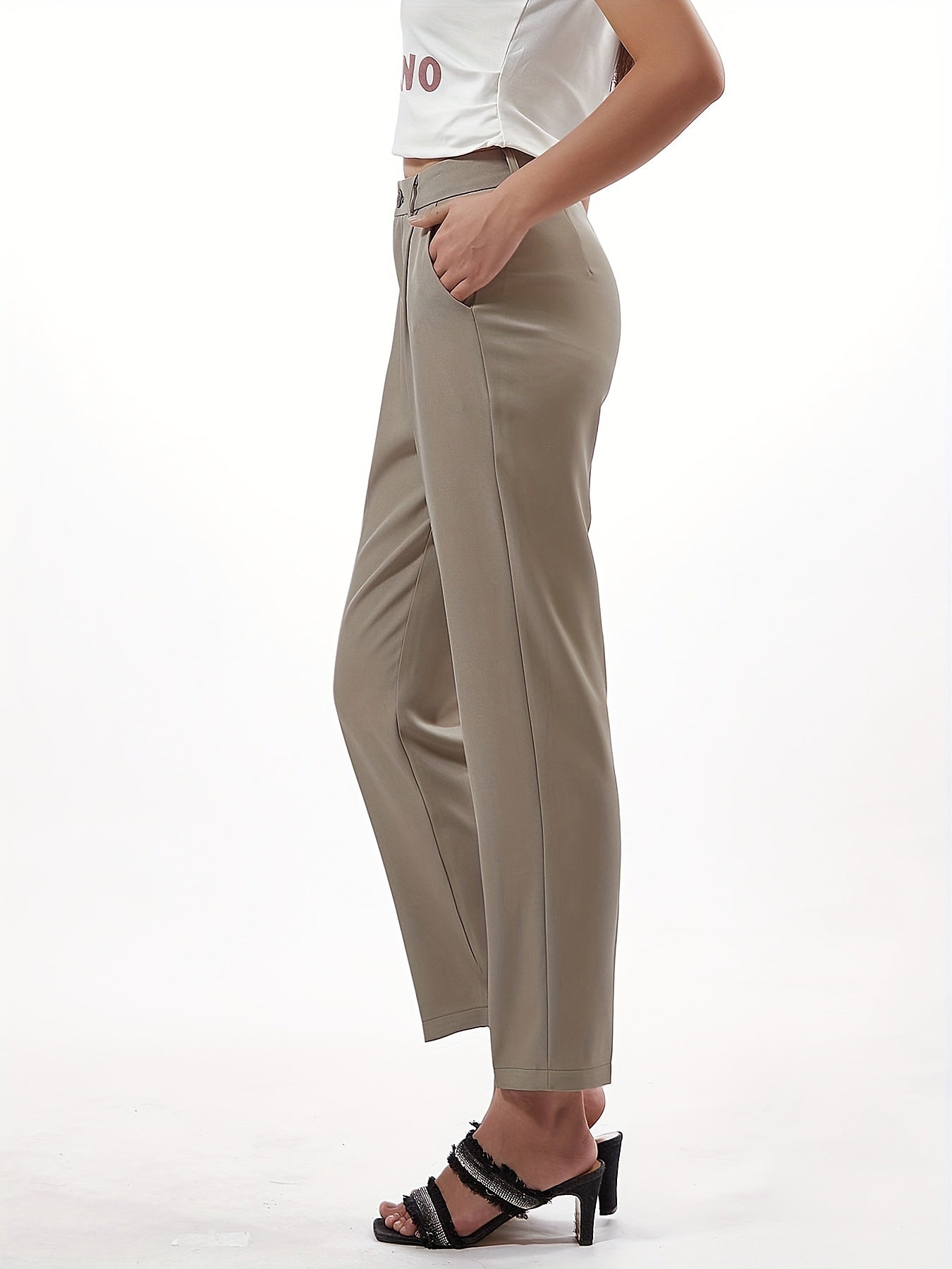 Pleated straight leg pants with pocket, casual cropped suit pants for women.