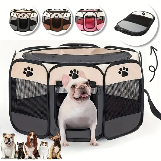 Portable pet playpen for dogs, cats, rabbits, and small animals, folds easily for storage.