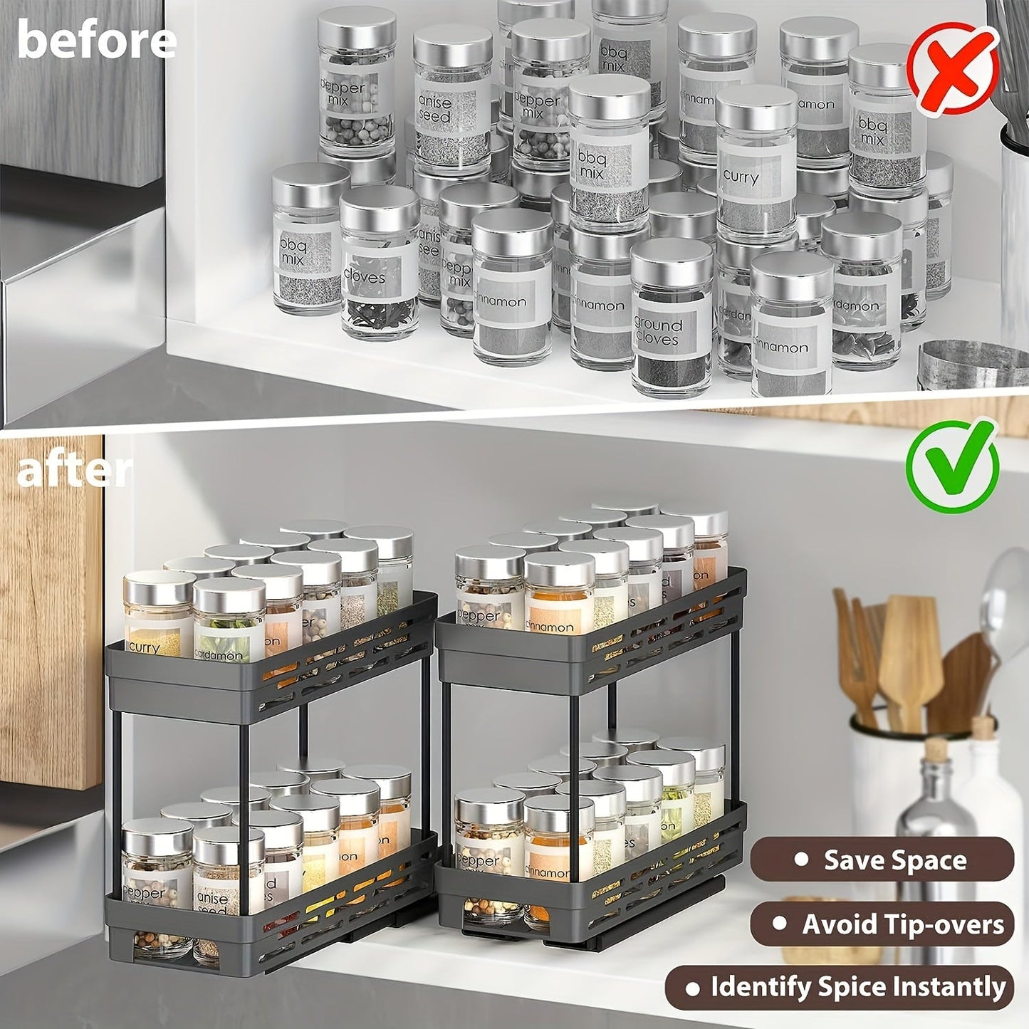 Easy to Install 3-Piece Pull-Out Spice Rack Organizer for Cabinets - Sturdy, Slide-Out Design Accommodates 10 Spice Jars on Each Tier