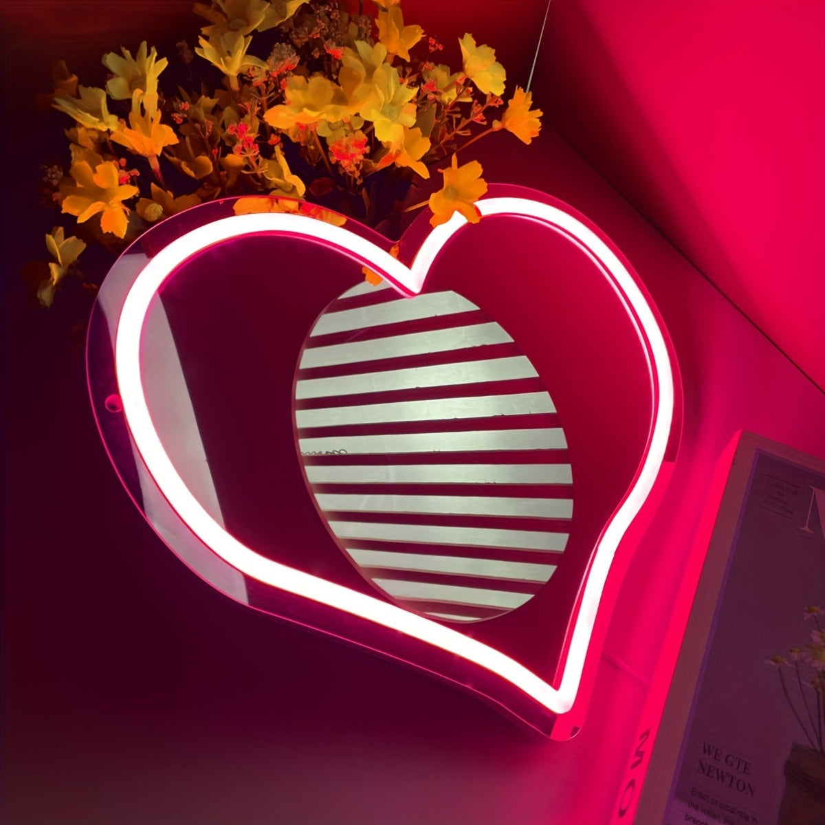 Pink Heart Neon Mirror: Wall-mounted, USB-powered plastic mirror with switch control for versatile use.