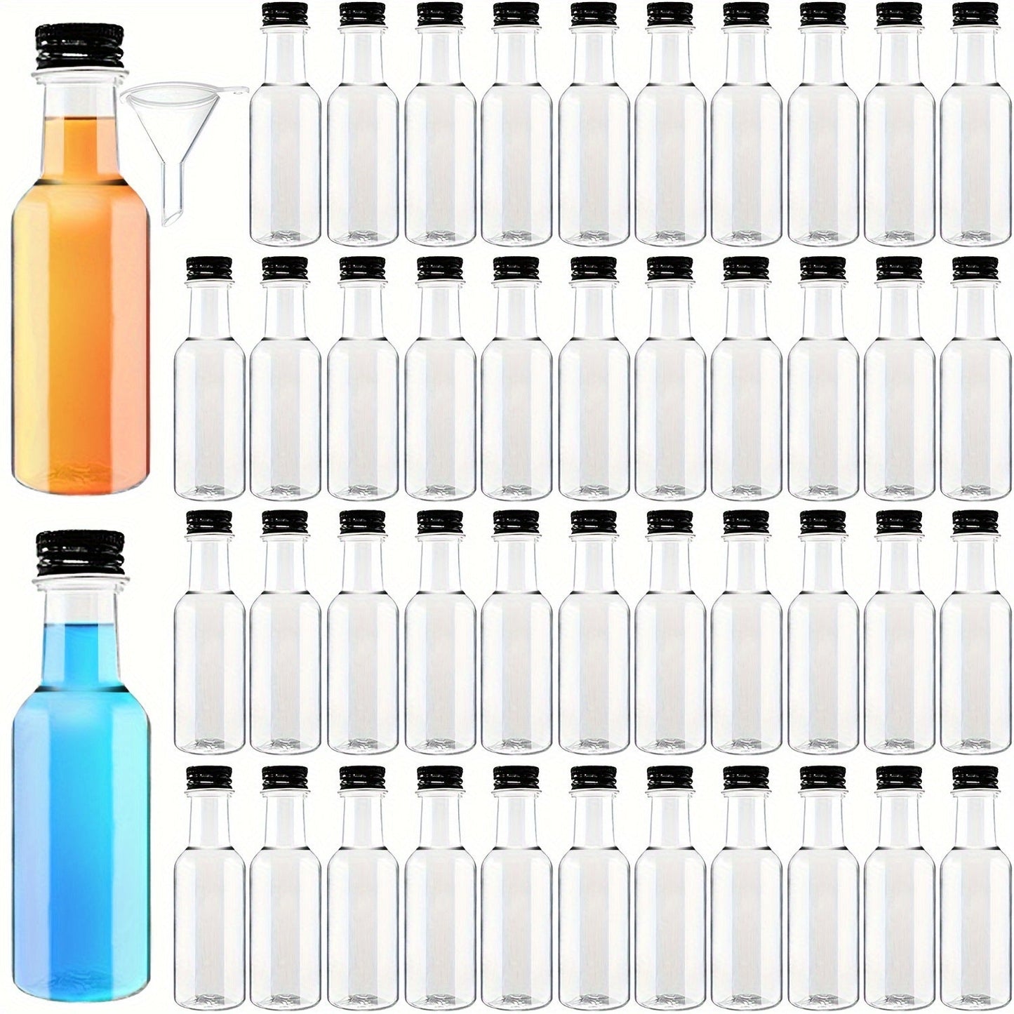 Pack of 30/50 miniature party bottles, each containing 50ml, complete with black screw caps and 10 mini funnels. These clear plastic drink containers are ideal for storing liquor, magic show props, or packaging food sauces.