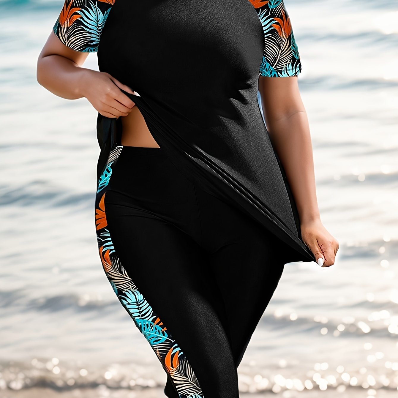 Plus Size Black Swimsuit with Side Stripes