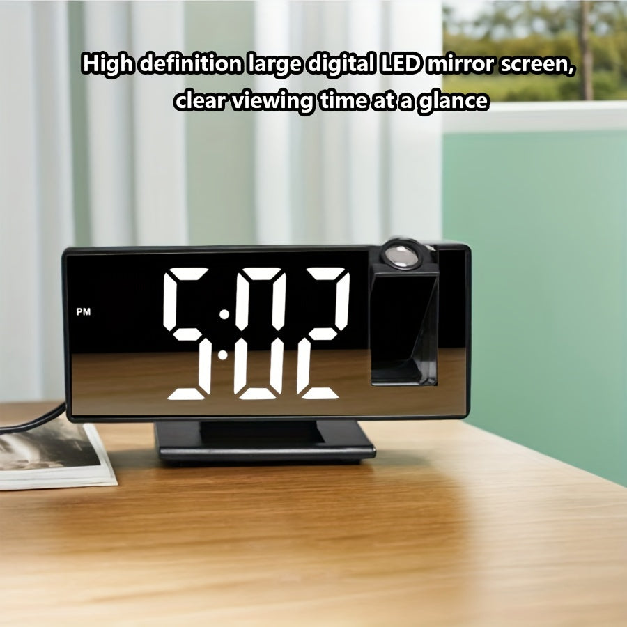 1pc Multi-Function LED Projection Alarm Clock with 180° Flat Display, Time-Date-Temperature Switching, USB Powered, Black Square Design, Modern Digital Clock with Adjustable Projection.