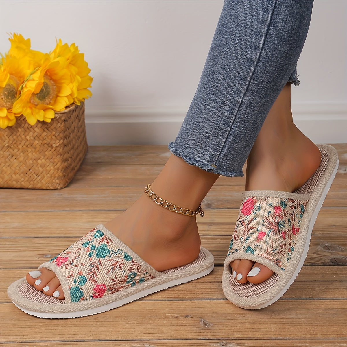 Women's Floral Pattern Linen Slippers - Breathable, Soft, and Comfy Indoor Shoes