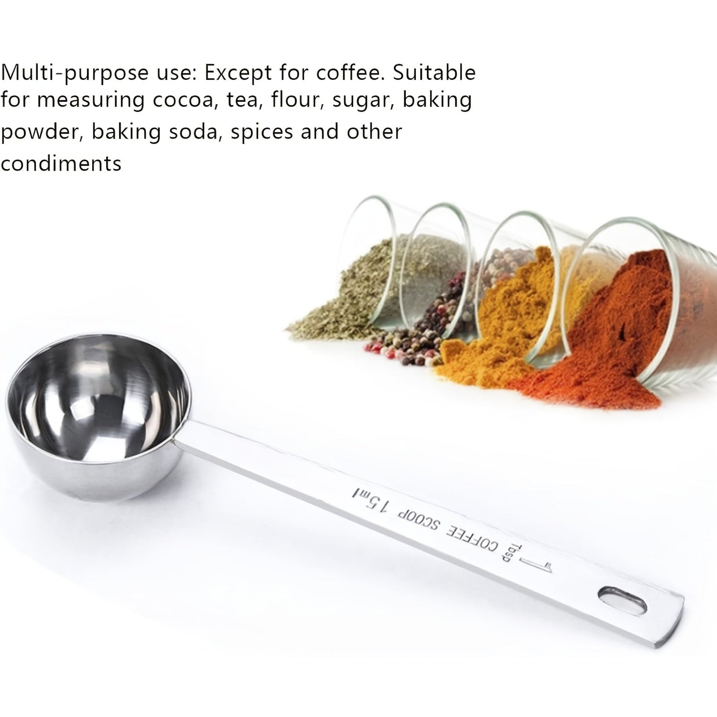 Set of long-handled stainless steel coffee scoops with multiple measurement options, suitable for ground coffee, tea, and powders. Ideal for travel, camping, and gifting, as well as for measuring loose tea. Includes 5ml, 10ml, 15ml, 20ml, and 30ml scoops.