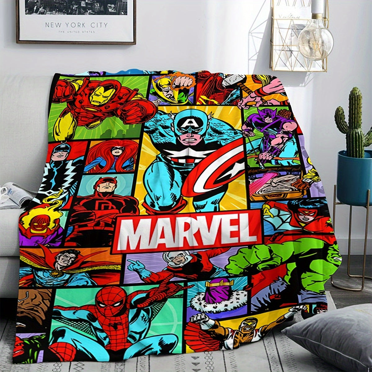 Cozy up with this Marvel Superhero Plush Throw Blanket featuring a vivid digital print. Made for all seasons, this knit bedding is perfect for the sofa, travel, camping, bedroom, and even the car. It's the ideal gift for your son.