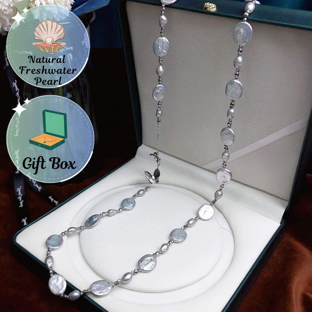 Beautiful freshwater baroque pearl necklace featuring a butterfly clasp, in a long misty blue color. This fashion jewelry exudes a simple vintage style, perfect for women. Comes in a gift box, making it an ideal daily wear or all-season accessory.