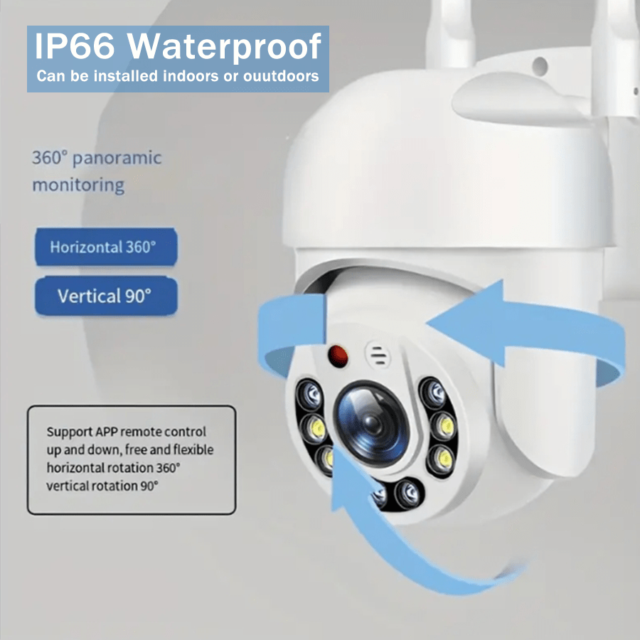 One waterproof outdoor WiFi security camera with automatic tracking and directional rotation. Features include audio CCTV monitoring, 360-degree IP camera, full-color day and night vision, humanoid motion detection, two-way voice intercom, and a