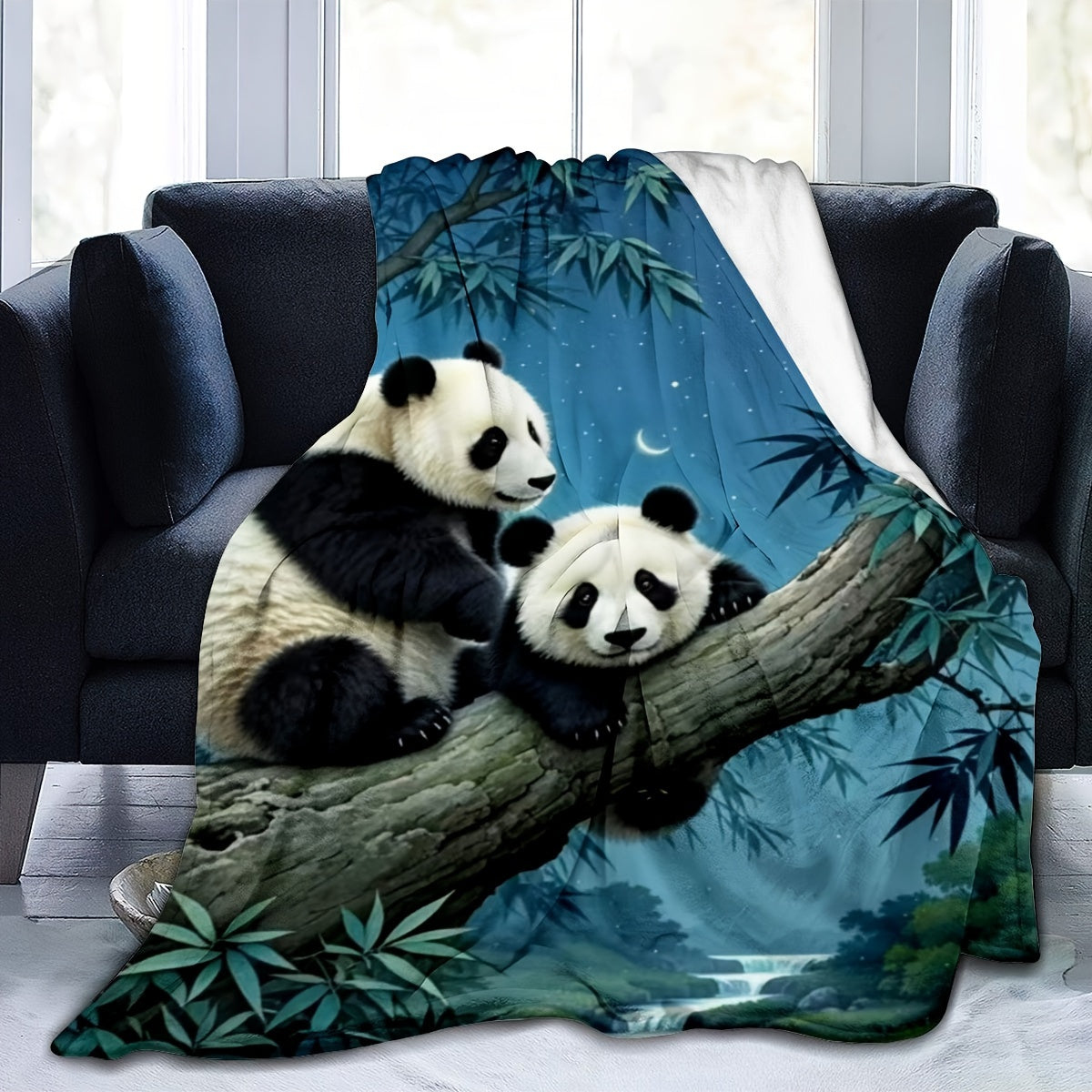 Soft and cozy all-season flannel throw blanket featuring a panda print on a moonlight scene. Perfect for gifting on holidays, birthdays, and Christmas. Made of 100% polyester, this blanket is perfect for bed, sofa, living room, or bedroom decor. Enjoy