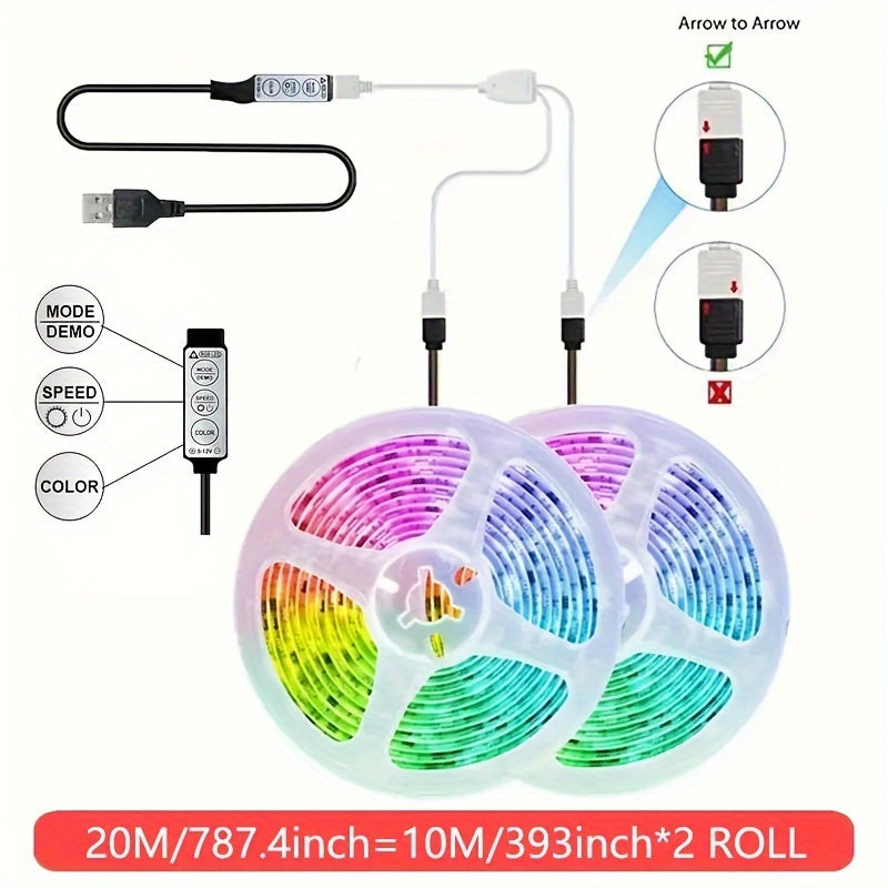 65.6ft RGB 2835 LED light strip with USB power for TV backlight and room decoration.