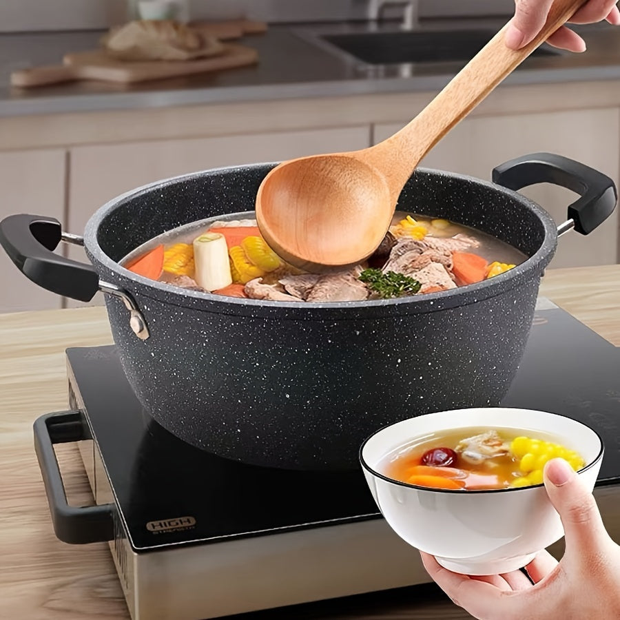 Large capacity, dual-handled cast iron soup pot with versatile non-stick coating, great for stewing and frying. Comes with lid, lid style may vary.