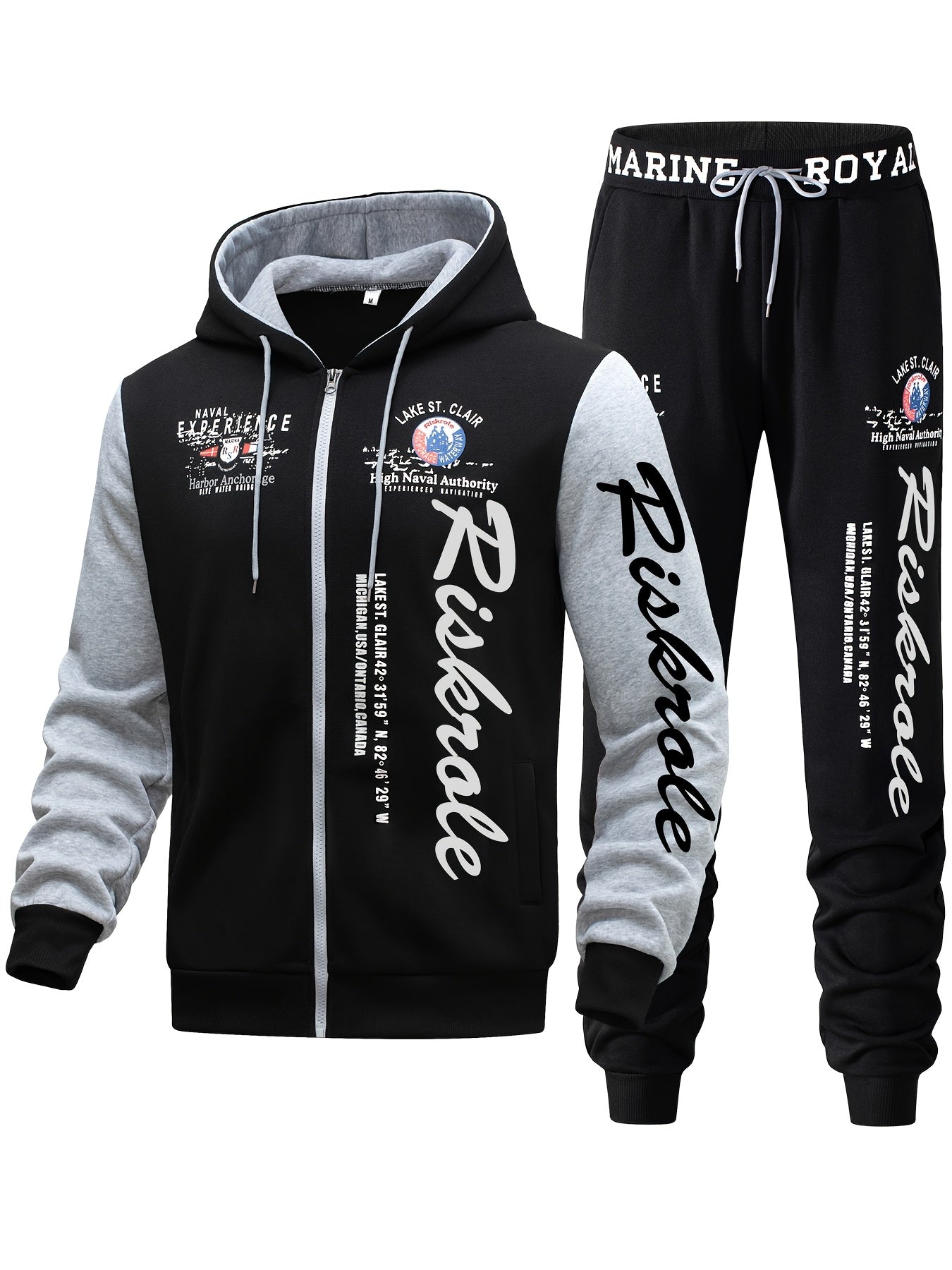 Men's navy blue and black "Riverside" printed hoodie and jogger set. Sporty, casual polyester outfit with zip-up hoodie and drawstring pants. Machine washable for running and leisure