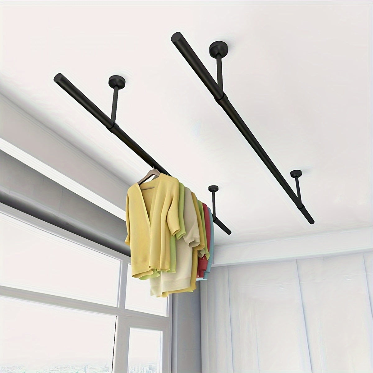 Rustic Multi-Functional Clothes Hanger - Wall-Mounted/Overhead, Removable Design, Space-Saving Metal Rod for Bedroom, Balcony, Bathroom, Closet - Black Drying Racks