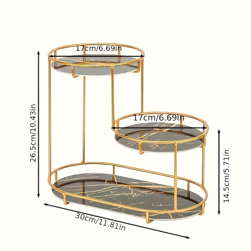 Stylish metal bathroom organizer for cosmetics and toiletries with multiple tiers and display shelf.