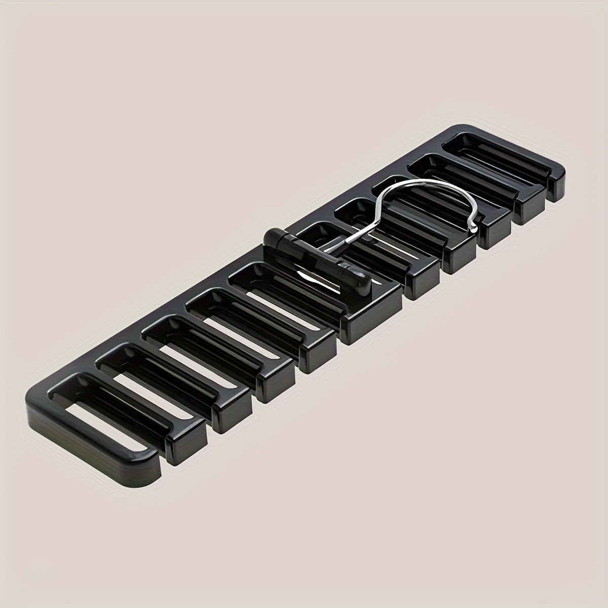 Multifunctional belt storage rack in a sleek black and white design, perfect for organizing ties, belts, clothes, scarves, and more.