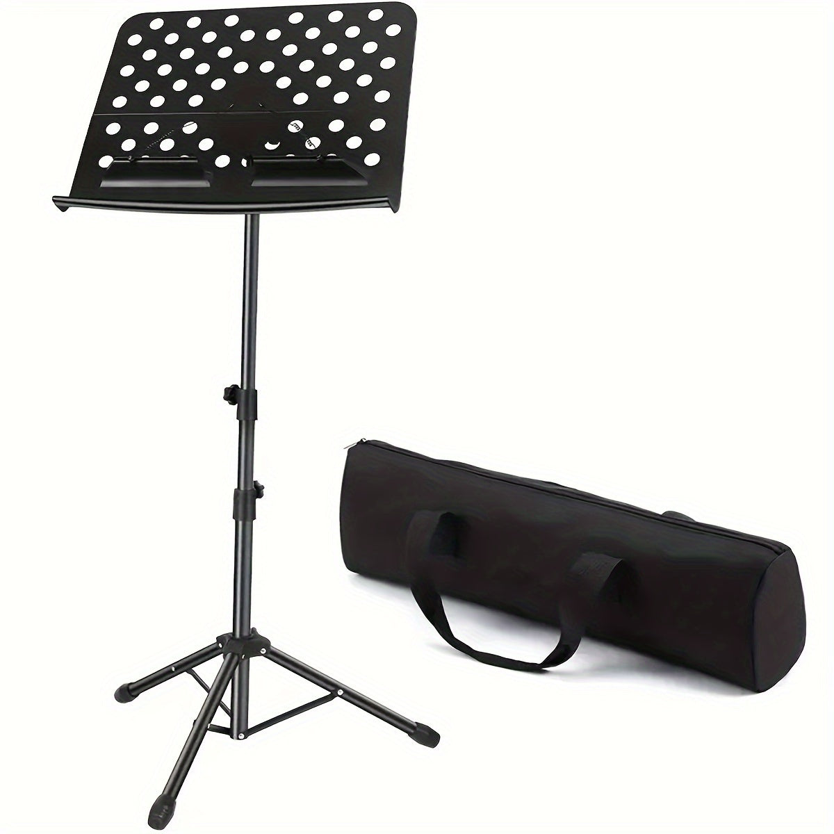 Foldable music stand with adjustable height and carrying bag. Durable alloy construction, ABS panel. Suitable for various instruments. Black color.