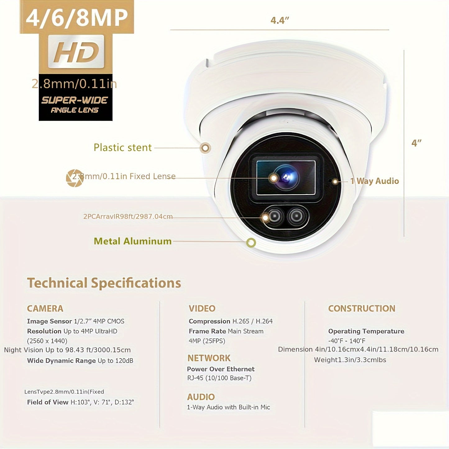 4K/8MP, 6MP, 2K/4MP Dome Camera with audio for indoor and outdoor use. Features POE, H.265 compression, wide 2.8mm lens, and full-color night vision. Compatible with NVR, easy installation