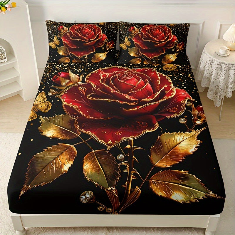 3pcs Golden Rose Floral Digital Print Bedding Set made of 100% polyester. Includes fitted sheet and pillowcases with deep pockets. Machine washable.