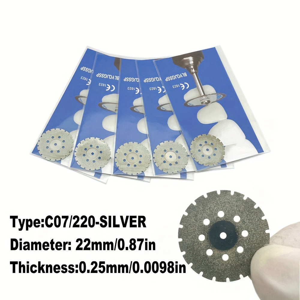 Five dual-sided diamond cutting discs for dental labs, in silver or golden, for high precision grinding and polishing.