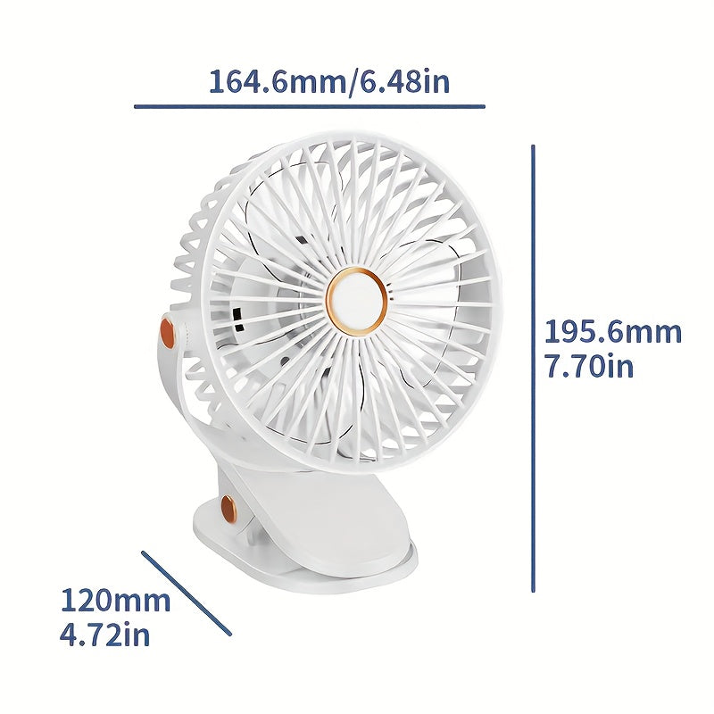 Portable USB Rechargeable Desk Fan with Nightlight - 1 Piece, 5 Speeds, 720° Rotation, Clip-On Design, Quiet Operation, Easy to Clean, Suitable for Indoor and Outdoor Use, Made of Durable Plastic, Includes Push Button Control and Built-in Lithium Battery.