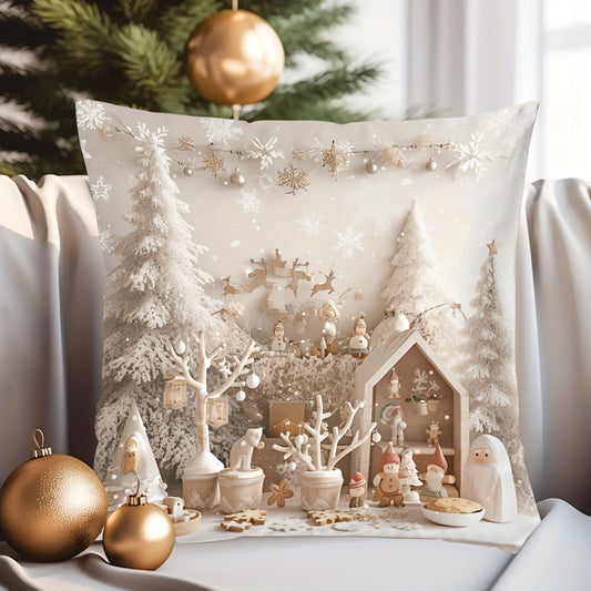 Contemporary style 1pc throw pillow cover with snowy trees and festive snowmen pattern, made of 100% polyester woven fabric. Digital print on single-sided, with zip closure. Hand wash only. Versatile room decor, 43.18x43.18 cm. (Insert not included)