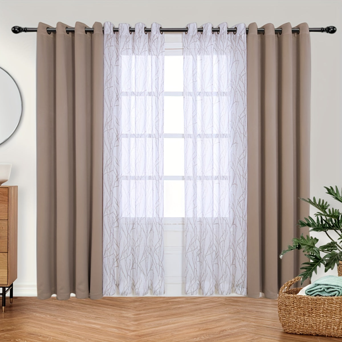 Pair of Curtains for Bedroom or Living Room - Includes 1 Sheer Branch Print Curtain and 1 Blackout Curtain, Grommet Style, 54x84 Inch Each, Dark Gray, Set of 2 Panels