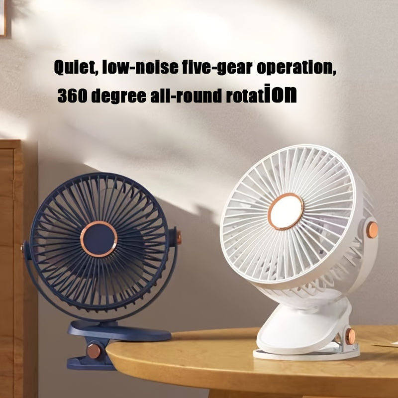 Portable silent desktop fan featuring powerful wind, energy-efficient biomimetic fan blades, five-speed wind adjustment, built-in battery with long-lasting USB charging, 720-degree adjustable air supply, and a 6-inch extra-large air outlet.