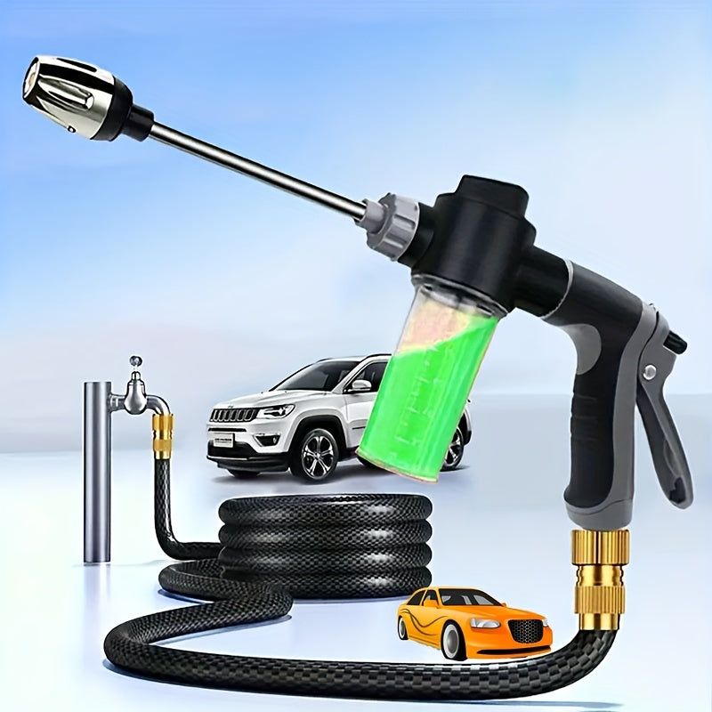 High-pressure foam gun with long handle and adjustable nozzle for cleaning, watering, and tire inflation. Includes foam cannon and pressure spray bottle.