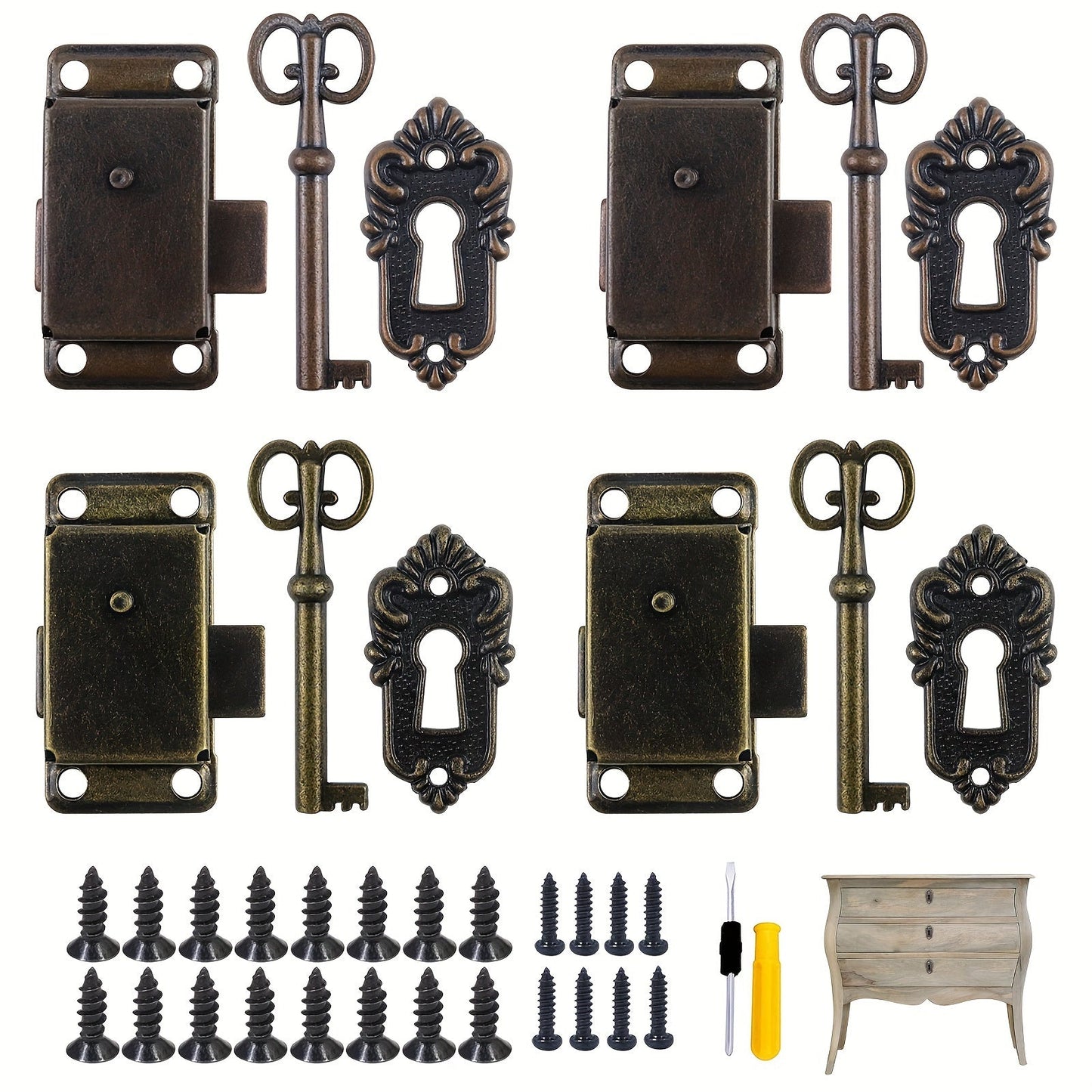 Set of 4 Antique Furniture Locks and Keys - Perfect for Vintage Cabinets, Mailboxes, Wardrobes, and Cupboards. Includes Screws, Screwdriver, and Durable Metal Construction. Easy to Install with No Electricity Needed. Ideal for Replacement Parts